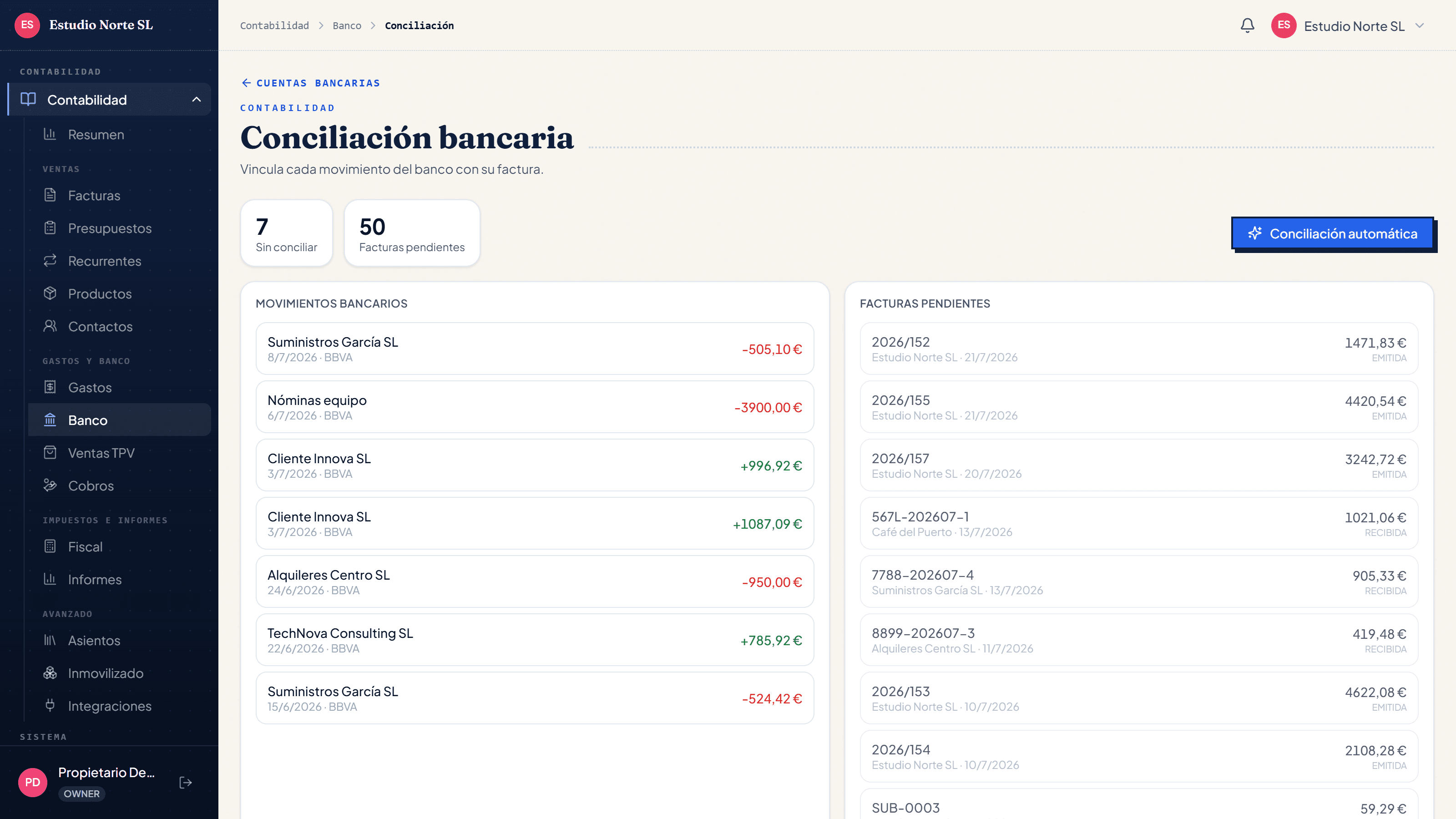 Conciliación bancaria: movimientos del banco frente a facturas pendientes, con conciliación automática
